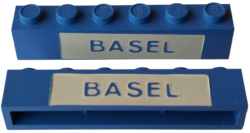 Brick 1 x 6 without Bottom Tubes with Cross Side Supports with Blue in White 'BASEL' Pattern