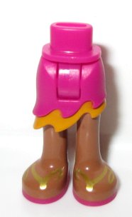 Mini Doll Hips and Asymmetric Layered Skirt Short, Medium Orange Ruffle, Medium Nougat Legs and Magenta and Gold Sandals Pattern - Thick Hinge