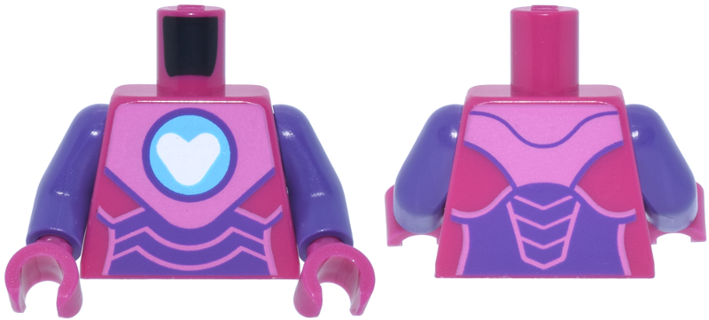 Magenta torso with dark purple armor and a white heart-shaped arc reactor, dark purple arms, and magenta hands.