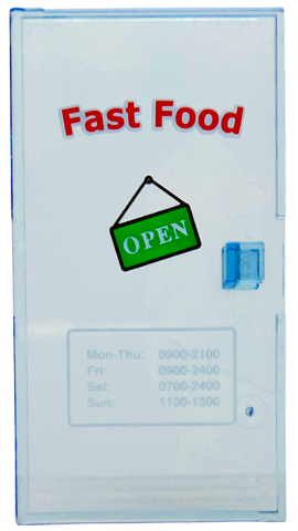 Door 1 x 4 1/2 x 6 with Red 'Fast Food', White 'OPEN' on Green Sign, and Hours of Operation Pattern