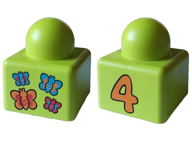 Primo Brick 1 x 1 with Orange, Red, and Medium Blue Butterflies and Number 4 Pattern on Opposite Sides