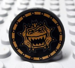 Minifigure, Shield Circular / Round Flat Face with Gold Dragon Head with Jagged Teeth Pattern