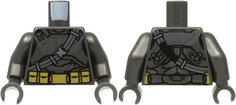 Pearl dark gray torso with tactical armor plating, a diagonal chest strap, and a gold-colored utility belt. Pearl dark gray arms and hands.