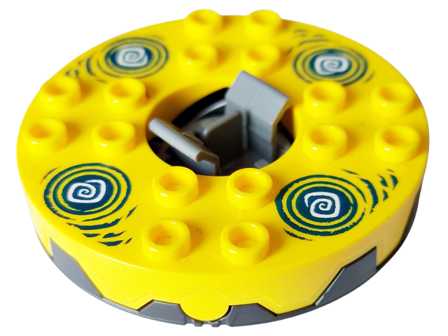 Turntable 6 x 6 x 1 1/3 Round Base Serrated with Yellow Top and White and Dark Blue Hypnobrai Pattern (Ninjago Spinner)