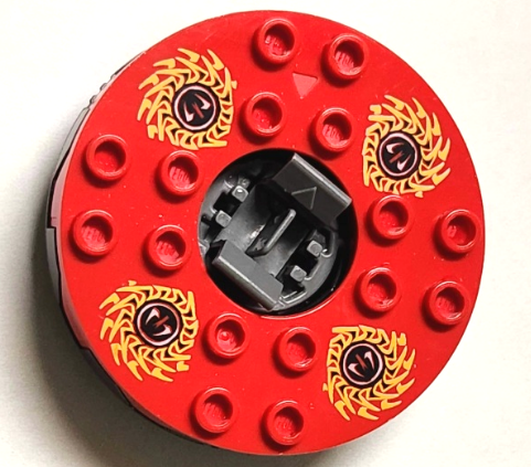 Turntable 6 x 6 x 1 1/3 Round Base Serrated with Red Top and Red, White, Yellow and Black Fangpyre Pattern (Ninjago Spinner)