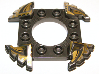 Ring 4 x 4 with 2 x 2 Hole and 4 Serrated Ends with Black and Pearl Gold Pattern (Ninjago Spinner Crown)