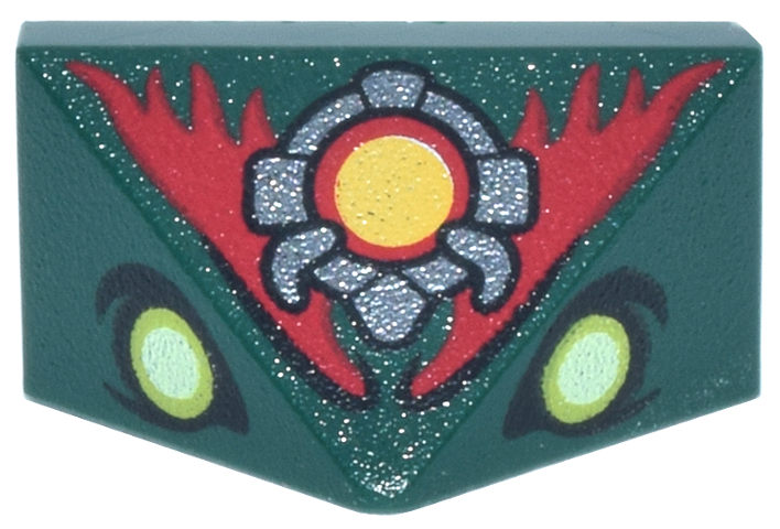 Slope 45 2 x 1 Triple with Bottom Stud Holder with Yellowish Green Eyes, Silver and Yellow Circle Emblem, Red Flames Pattern (The Legend of Zelda Ganondorf Face)