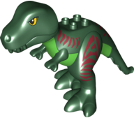 Duplo Dinosaur Tyrannosaurus rex with Dark Red Stripes and Bright Green Stomach Pattern