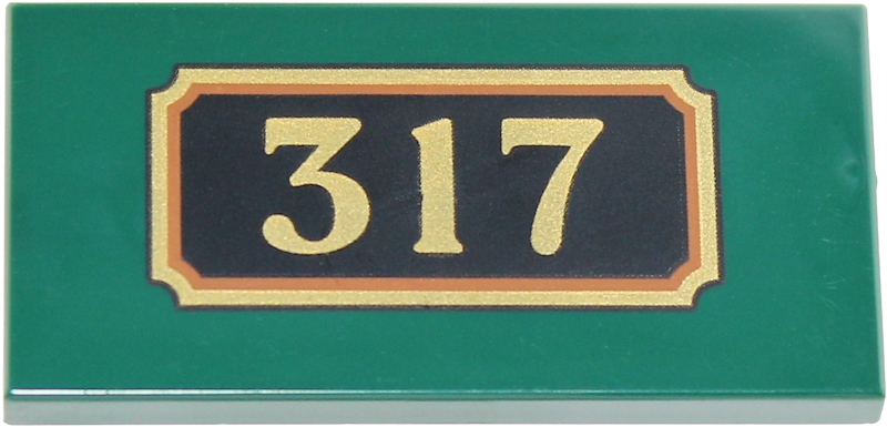 Tile 2 x 4 with '317' on Black Plaque with Gold and Dark Orange Border Pattern