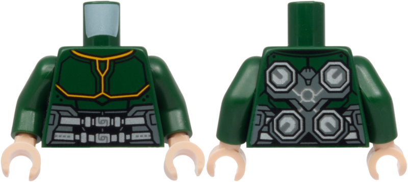 Torso Armor with Bright Light Orange Trim, Black, Dark Bluish Gray, and Silver Belt, Octagons on Back Pattern / Dark Green Arms / Light Nougat Hands