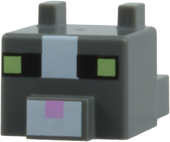 Creature Head Pixelated with Ears, Nose, and Face with White Stripe, Black and Yellowish Green Eyes, and Bright Pink Nose Pattern (Minecraft American Shorthair Cat)