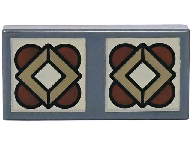 Tile 1 x 2 with 2 Tan Squares with Dark Tan Diamonds and Reddish Brown Semicircles Pattern