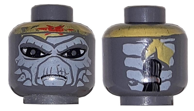 Minifigure, Head Alien SW Weequay with Light Bluish Gray Face, Large Black Eyes, Yellow Bandana with Red Star, Frown, Ponytail with Band on Back Pattern