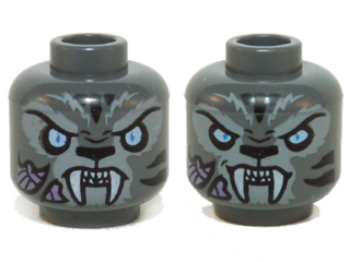 Minifigure, Head Dual Sided Alien Chima Tiger White Fangs, Black Stripes and Bright Light Blue Eyes, Neutral / Angry Pattern (Stealthor)