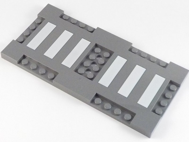 Brick, Modified 8 x 16 x 2/3 with 1 x 4 and 2 x 4 Indentations with 6 White Stripes (Crosswalk) Pattern