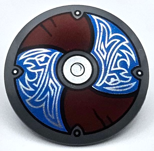 Minifigure, Shield Circular / Round Convex Face with Blue and Dark Red Alternating Panels with Silver Center Circle and Odin's Ravens Pattern