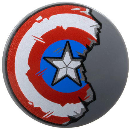 Minifigure, Shield Circular / Round Convex Face with Red and White Concentric Rings, Star in Blue Circle, Scratches and Damaged Half Pattern (Captain America)