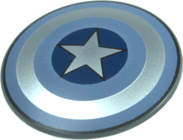 Minifigure, Shield Circular / Round Convex Face with Sand Blue and Silver Concentric Rings, Star in Dark Blue Circle Pattern (Captain America) in Dark Bluish Gray