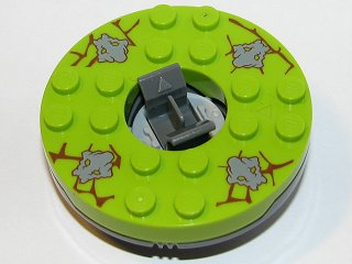 Turntable 6 x 6 x 1 1/3 Round Base with Lime Top with Dark Bluish Gray Stone Faces on Reddish Brown Cracks Pattern (Ninjago Spinner)