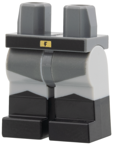 Dark bluish gray hips and light bluish gray legs with molded black boots and a gold buckle with the letter F.