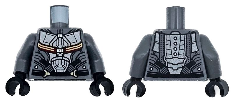 Torso Armor with Dark Silver and Black Panels and Belt and Dark Red and Gold Straps Pattern / Dark Bluish Gray Arms / Black Hands