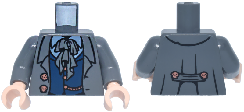 Dark bluish gray torso with dark bluish gray arms and light nougat hands. Features an open suit jacket with skull buttons over a blue vest and shirt.