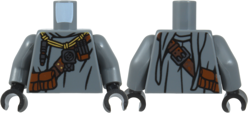 Torso SW Jawa with Dark Brown and Reddish Brown Pouches and Strap, Tan Rope Necklace, Silver Buckle and Pendants, Black Folds Pattern / Dark Bluish Gray Arms / Black Hands