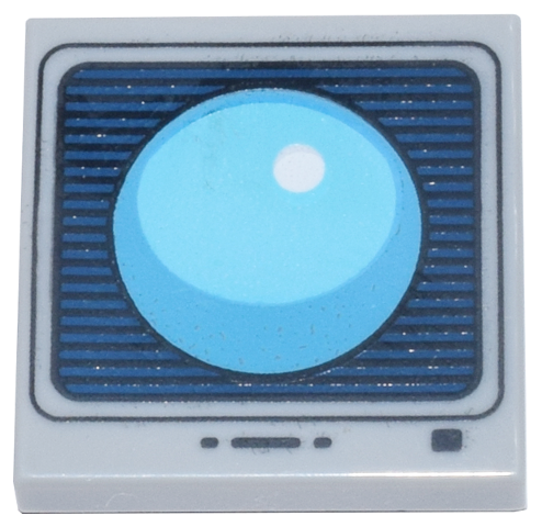 Tile, Modified 2 x 2 Inverted with Medium Azure and Dark Azure Sphere on Black and Dark Blue Striped Screen with Buttons Pattern (Sonic the Hedgehog Shield Item Box)