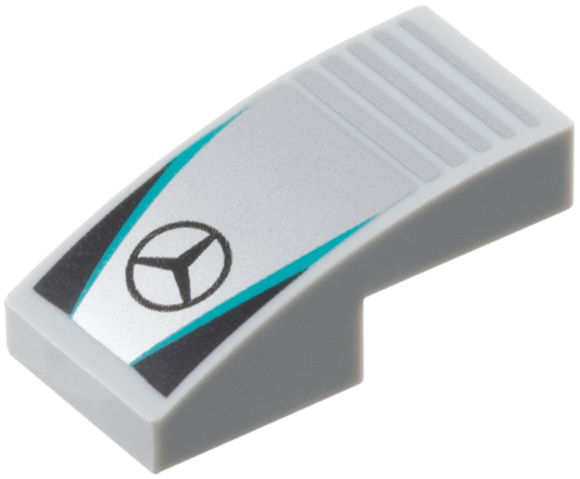 Slope, Curved 2 x 1 x 2/3 with Mercedes-Benz Logo on Silver Background with Notches, Dark Turquoise Stripes, Black Triangles Pattern