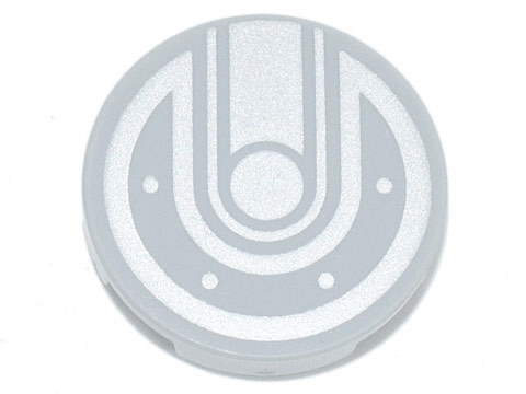 Tile, Round 2 x 2 with Bottom Stud Holder with Silver Lines, Bolts/Dots Pattern
