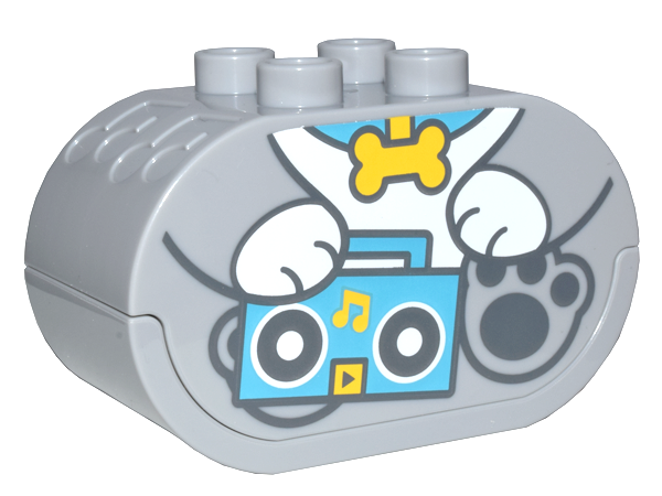 Duplo, Brick 2 x 4 x 2 Oval with Sound, White Button, and Debossed Music Notes with Puppy Body Holding Boom Box Pattern
