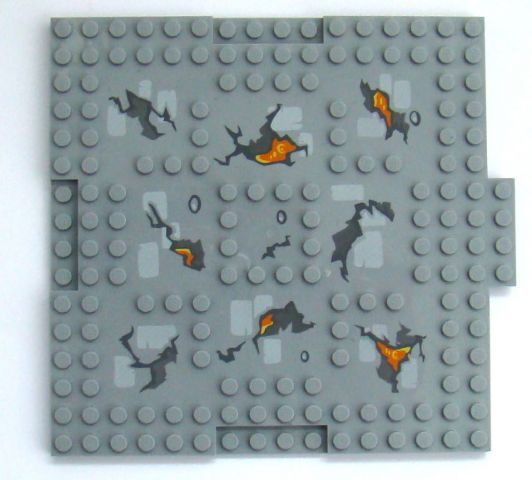 Brick, Modified 16 x 16 x 2/3 with 1 x 4 Indentations and 1 x 4 Plate with Cracks and Lava Pattern
