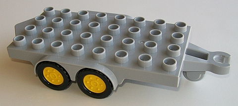 Duplo Trailer Flatbed 4 x 8 Studs with Hitch Ends, Four Black Wheels and Yellow Hubs