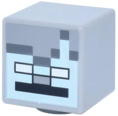 Minifigure, Head, Modified Cube with Pixelated Light Aqua Face with Nose, Dark Bluish Gray Outline, White Eyes, Black Mouth Pattern
