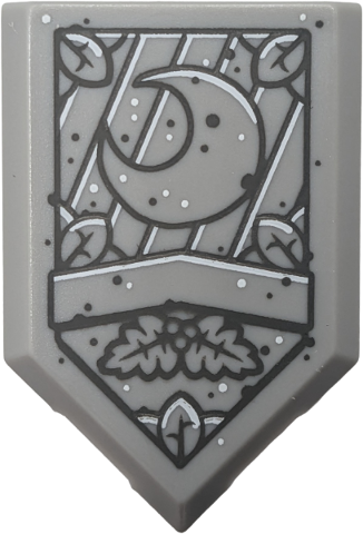 Tile, Modified 2 x 3 Pentagonal with Sign with Moon and Leaves, Dark Bluish Gray and White Outline, Diagonal Lines and Dots Pattern