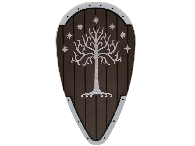 Minifigure, Shield Oval with Silver Stars and Tree (White Tree of Gondor) on Dark Brown Wooden Background Pattern