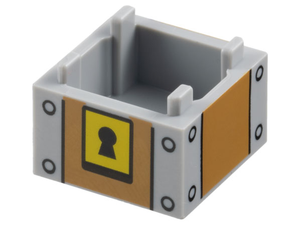 Container, Box 2 x 2 x 1 - Top Opening with Raised Inner Bottom with Medium Nougat Panels, Black Keyhole on Yellow Background, and Rivets Pattern (Super Mario Treasure Chest Block)