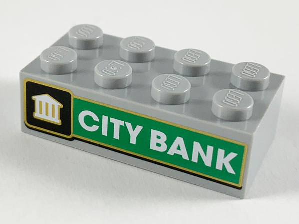 Brick 2 x 4 with White Bank on Black Background, White 'CITY BANK' on Green Background Pattern