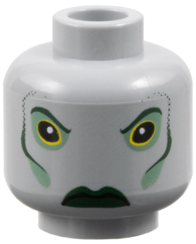 Minifigure, Head Alien with Dark Green Eyebrows, Cheek Lines and Lips, Sand Green Eye Shadow and Cheeks, Stern Pattern