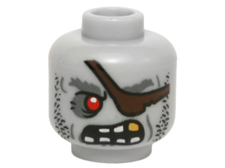 Minifigure, Head Alien Zombie Pirate with Red Eye, Dark Brown Eye Patch, Stubble and Gold Tooth Pattern