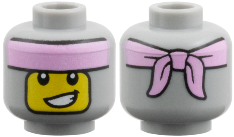 Light bluish gray head with a printed balaclava, a bright pink headband, and a yellow face showing a lopsided smile with teeth.