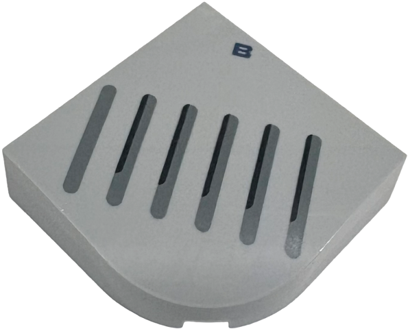 Brick, Round Corner 4 x 4 x 1 Curved Top with Dark Blue Capital Letter B and Dark Bluish Gray and Black Speaker Vents Pattern