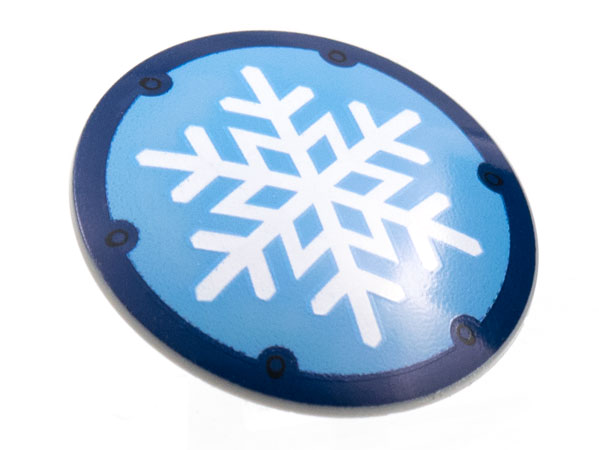 Minifigure, Shield Circular / Round Convex Face with White Snowflake on Medium Blue Background, Dark Blue Border Pattern
