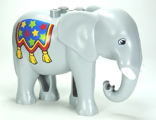 Duplo Elephant Adult, Walking with White Tusks, Black Eyes Squared, Blue Blanket with Tassels and Lime, Red, and Yellow Stars Pattern