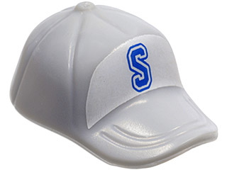 Minifigure, Headgear Cap - Short Curved Bill with Seams and Button on Top with Blue Capital Letter S on White Background Pattern