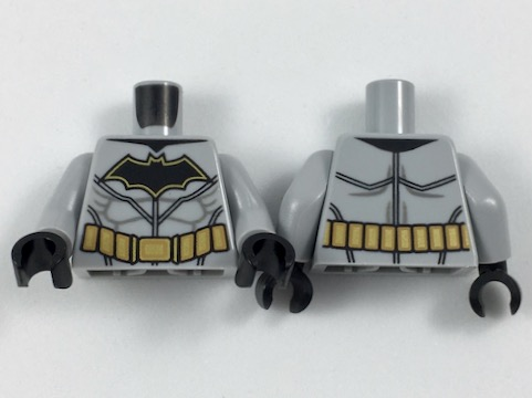 Lego Torso Batman Logo with Muscles, Gold Outline, Gold Utility Belt Pattern / Light Bluish Gray Arms / Black Hands