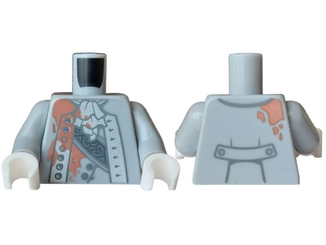Light bluish gray torso with a formal robe and vest print featuring copper-colored blood splatters, light bluish gray arms, and white hands.