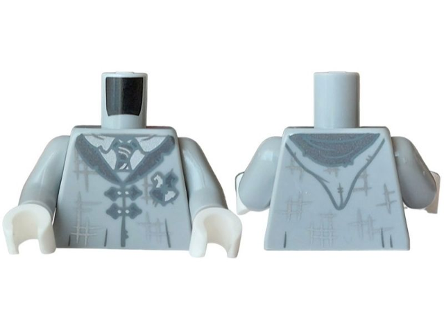Light bluish gray torso with a tattered school robe, silver crest, and tie. Includes light bluish gray arms and white hands.