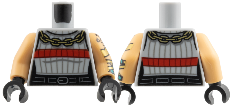 Light bluish gray torso with a gold chain and red stripe. Medium tan arms have a black tattoo and gold bracelets, with black hands.