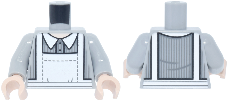 Light bluish gray apron over striped dress torso